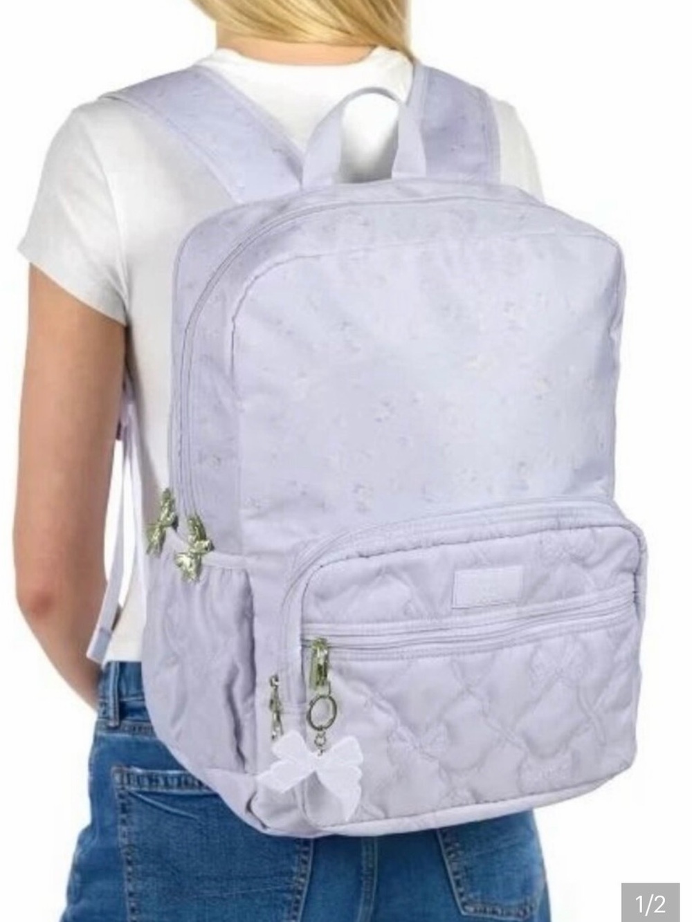 LoveShackFancy Pale Lavender Quilted Kids Backpack with Bow Charm